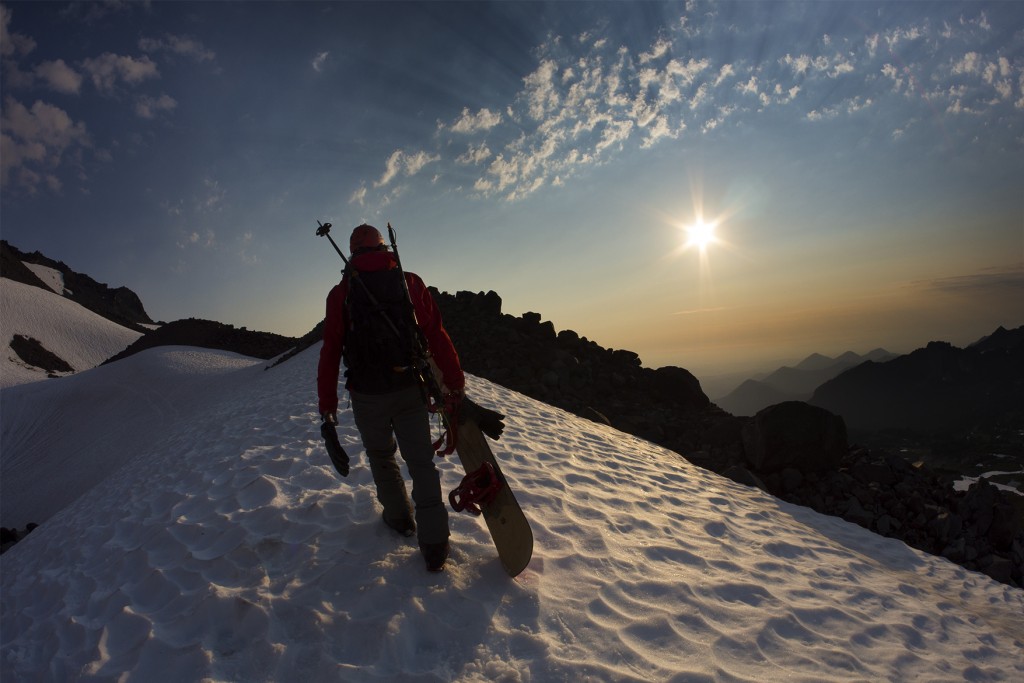 After hitting a few lines, we descended back down to camp. @hefe_steele scoping out the next line down to our camp site amongst the scattered remains of Mt. Rainier's August snowfields.