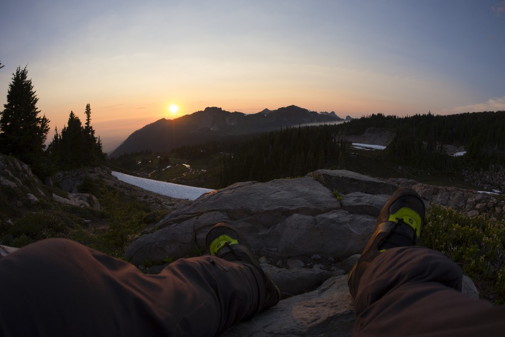 With views like this, the challenge of getting your August turns is completely worth it. Gazing at the sunset from Spray Park on Mount Rainier's north side with @hefe_steeleand @kellymsteele. After putting in roughly 6000 feet gain for the day, carrying a 60 pound pack, navigating down suncups and being swarmed by mosquitos, I have no complaints. Still left in awe by the PNW's beauty.